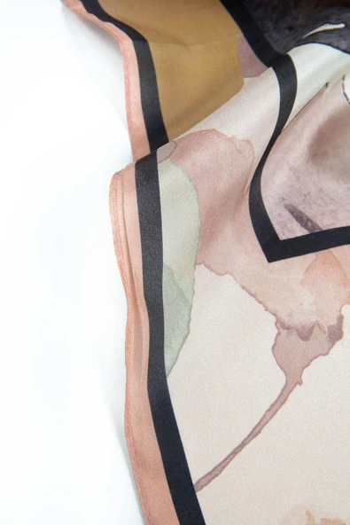 %100 İpek Suluboya Çiçek Desenli Bakır - Petrol Yeşili Renkli 92x210 Şal - Resim 4