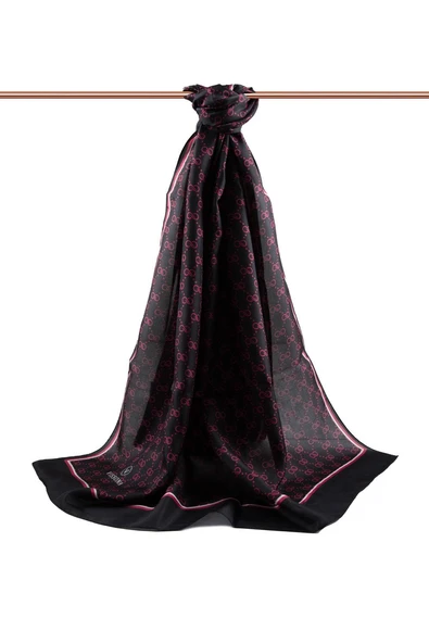 %100 İpek Minik Motif Desenli Siyah - Bordo Renkli 92x210 Şal - Resim 2