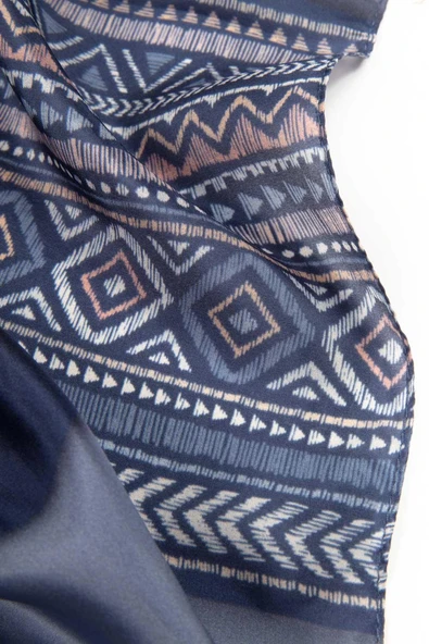 %100 İPEK ETNİK DESENLİ LACİVERT - İNDİGO RENKLİ ŞAL - Resim 3