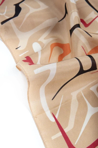 100% İPEK ÇİZGİLİ DESENLİ BEJ - TABA RENKLİ ŞAL - Resim 4