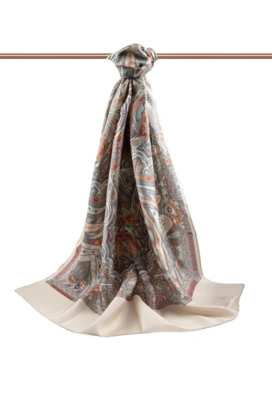 %100 İpek Etnik Desenli Sütlükahve Renkli 92x210 Şal - Resim 2