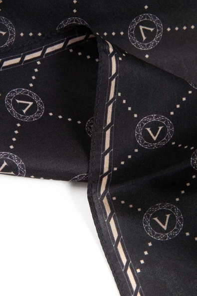 % 100 İpek V Logo Desenli Siyah - Bej Renkli 90x210 Şal - Resim 3