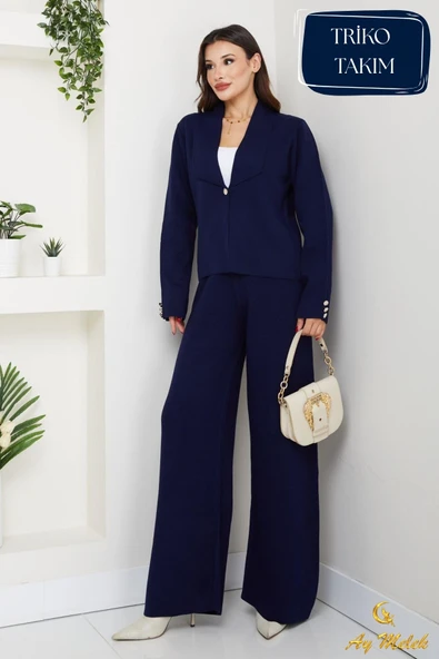 Kadın Triko Takım Düğmeli Şal Yaka Şık Pantolon Takım - Resim 2
