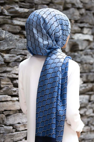 %100 İpek Petek Desenli İndigo - Buz Mavisi Renkli 92x210 Şal ürün görseli 1