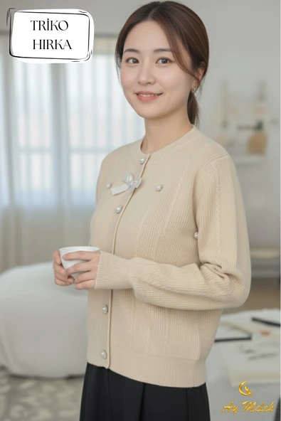 Kadın Triko Bisiklet Yaka Fiyonklu Düğmeli Hırka - Resim 7