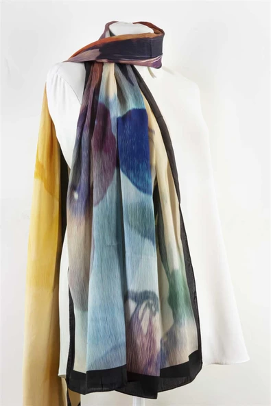 SÜVARİ ŞAL ÇİÇEK DESENLİ GOLD - BEBE MAVİSİ RENKLİ 75X210 ŞAL İTALYAN DİKİŞLİ - Resim 2