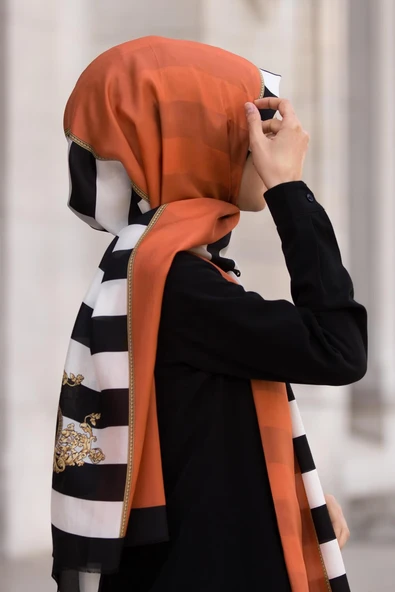 %100 İpek Çizgili Ve Varak Desenli Turuncu - Siyah Renkli 92x210 Şal - Resim 2