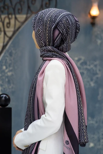 %100 İPEK ETNİK DESENLİ GÜL KURUSU - GRİ RENKLİ ŞAL ürün görseli