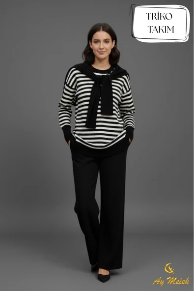 Kadın Triko Pantolon Takım Çizgili Atkı Detaylı Bisiklet Yaka Takım - Resim 9