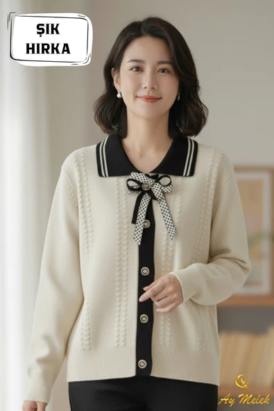 Kadın Triko Polo Yaka Düğmeli Fiyonklu Hırka - Resim 3