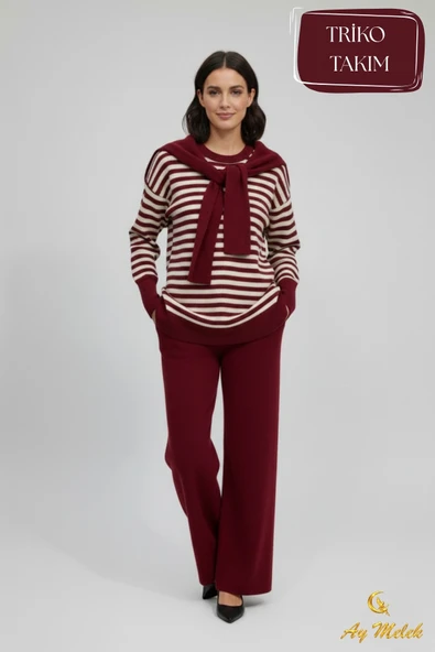 Kadın Triko Pantolon Takım Çizgili Atkı Detaylı Bisiklet Yaka Takım - Resim 7