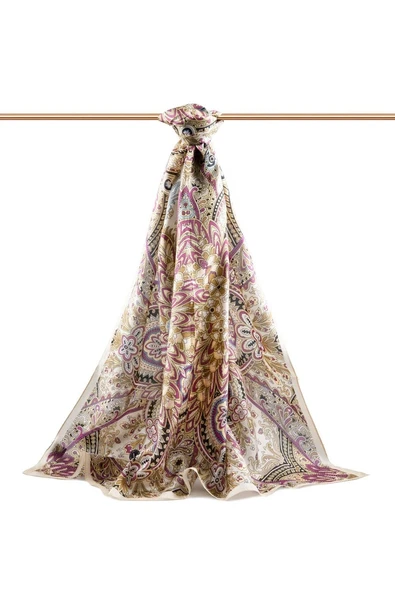 100% İpek Etnik Desenli Bej - Mürdüm Renkli 92x210 Şal - Resim 2