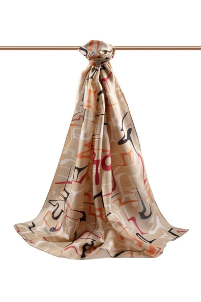 100% İPEK ÇİZGİLİ DESENLİ BEJ - TABA RENKLİ ŞAL - Resim 2