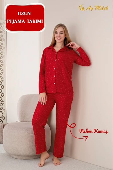 Kadın Pijama Takımı Desenli Pamuklu Polo Yaka Takım - Resim 4