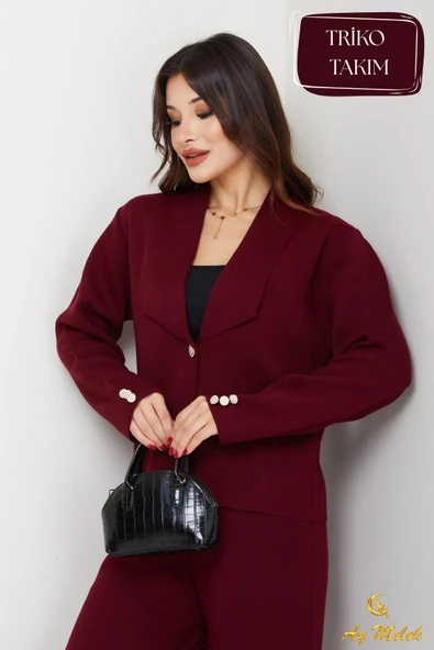 Kadın Triko Takım Düğmeli Şal Yaka Şık Pantolon Takım - Resim 10