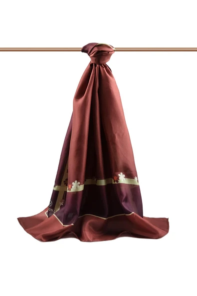 %100 İpek Çiçek Desenli Bordo Renkli 92x210 Şal - Resim 2