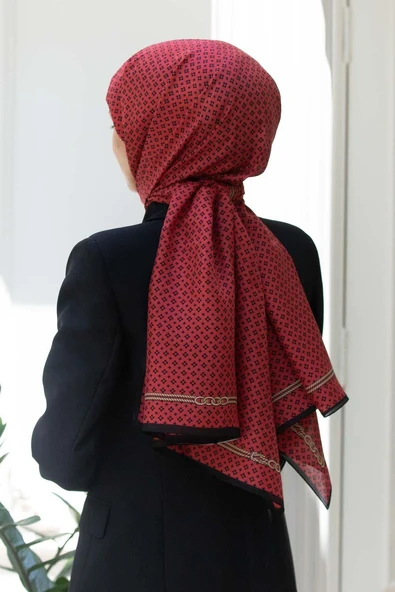 %100 İPEK ZİNCİR DESENLİ KIRMIZI - SİYAH RENKLİ ŞAL ürün görseli