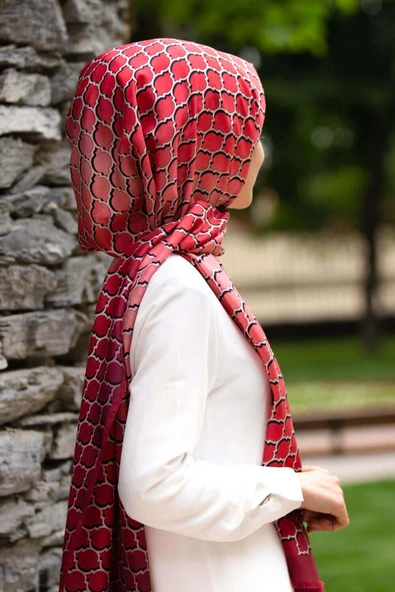 %100 İpek Petek Desenli Bordo - Beyaz Renkli 92x210 Şal - Resim 2