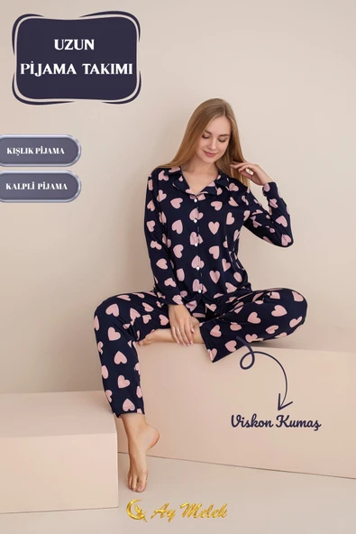 Kadın Pijama Takımı Desenli Pamuklu Polo Yaka Takım - Resim 9