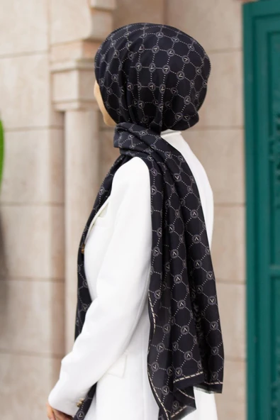 % 100 İpek V Logo Desenli Siyah - Bej Renkli 90x210 Şal ürün görseli