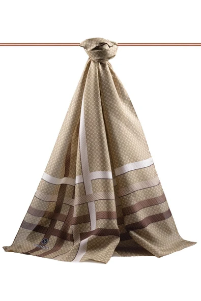 100% İPEK BANT DESENLİ VİZON RENKLİ ŞAL - Resim 2