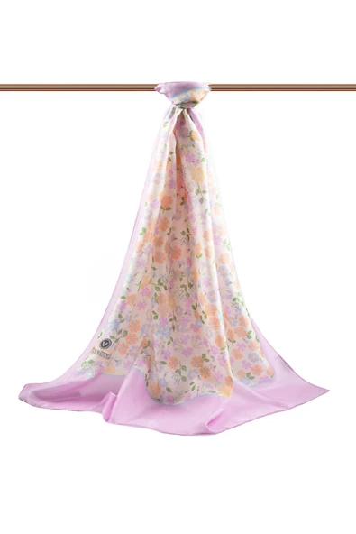 %100 İpek Çıtır Çiçek Desenli Pembe Renkli 92x210 Şal - Resim 2