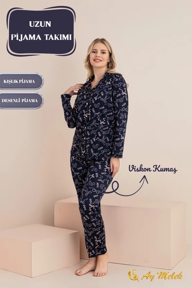 Kadın Pijama Takımı Desenli Pamuklu Polo Yaka Takım - Resim 5