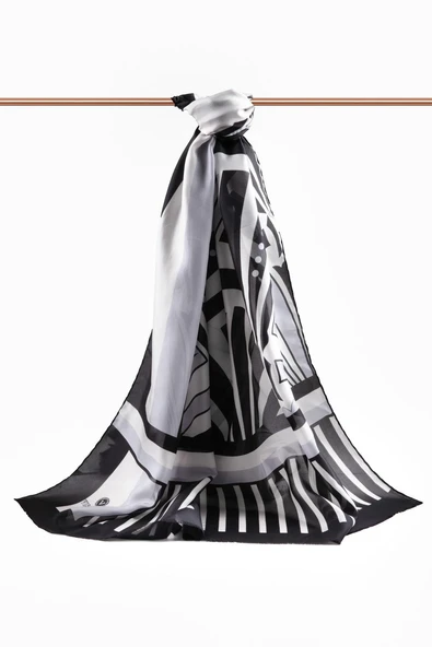 %100 İpek Yelpaze Desenli Gri - Siyah Renkli 92x210 Şal - Resim 3