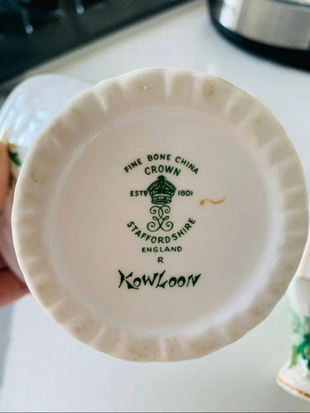 Antika İngiliz Porseleni Yeşil Çiçek Desenli Kabartma Detaylı Kemik Porselen Sepet Şekerlikler - Resim 7