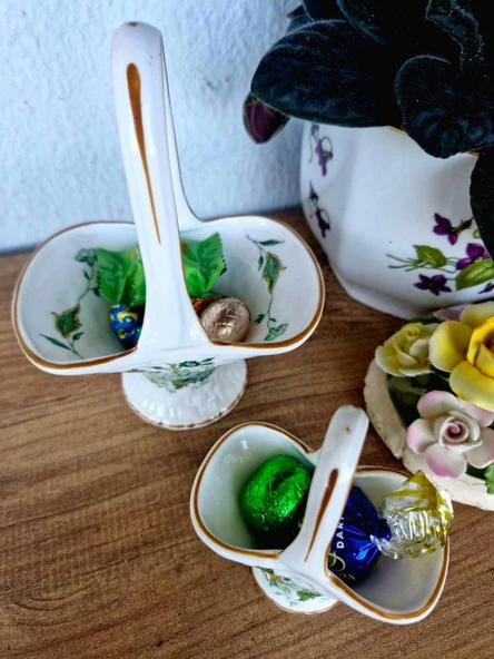 Antika İngiliz Porseleni Yeşil Çiçek Desenli Kabartma Detaylı Kemik Porselen Sepet Şekerlikler - Resim 4