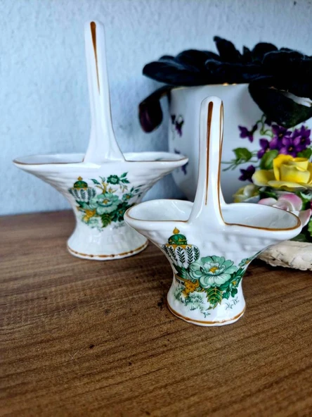 Antika İngiliz Porseleni Yeşil Çiçek Desenli Kabartma Detaylı Kemik Porselen Sepet Şekerlikler - Resim 2