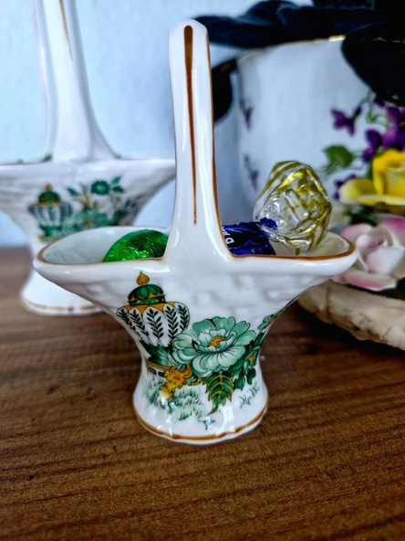 Antika İngiliz Porseleni Yeşil Çiçek Desenli Kabartma Detaylı Kemik Porselen Sepet Şekerlikler - Resim 5