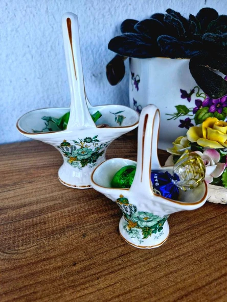 Antika İngiliz Porseleni Yeşil Çiçek Desenli Kabartma Detaylı Kemik Porselen Sepet Şekerlikler - Resim 3