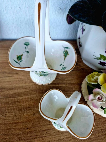 Antika İngiliz Porseleni Yeşil Çiçek Desenli Kabartma Detaylı Kemik Porselen Sepet Şekerlikler - Resim 6