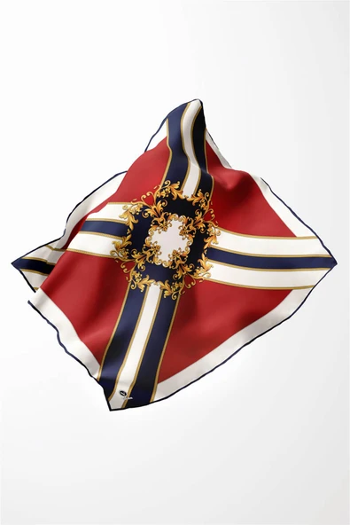 Twill Barok Desenli Kırmızı - Lacivert Renkli 90x90 Dikim Şekli : El Dikişi Eşarp (İpek İçermez) - Resim 2