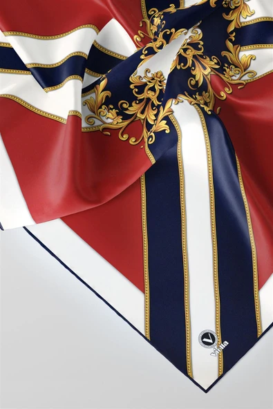 Twill Barok Desenli Kırmızı - Lacivert Renkli 90x90 Dikim Şekli : El Dikişi Eşarp (İpek İçermez) - Resim 4