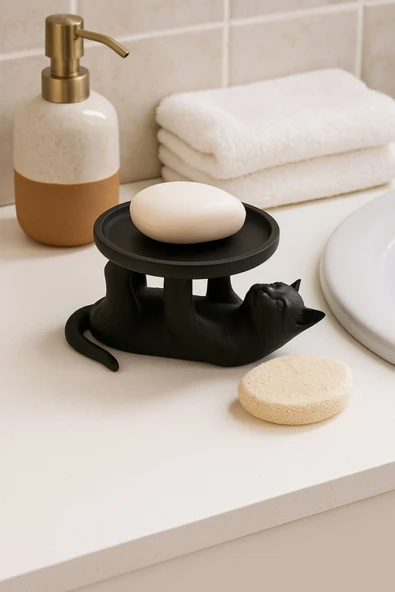 PAMUK'S DESİGN Siyah Kedi Figürlü Sunumluk Banyo Sabunluk, Kahvaltı Tabağı, Takı Organizeri, Mumluk 14 x 14 cm - Resim 4