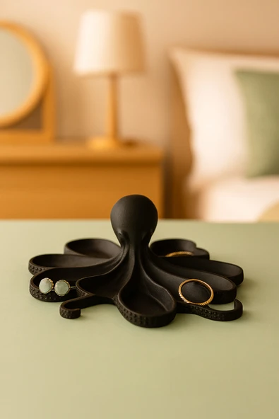 PAMUK'S DESİGN Siyah Ahtapot Figürlü Sunumluk Banyo Sabunluk, Kahvaltı Tabağı, Takı Organizeri, Mumluk 14 x 14 cm - Resim 2