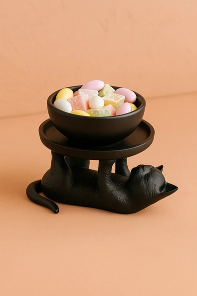 PAMUK'S DESİGN Siyah Kedi Figürlü Sunumluk Banyo Sabunluk, Kahvaltı Tabağı, Takı Organizeri, Mumluk 14 x 14 cm - Resim 2