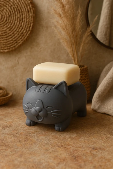 PAMUK'S DESİGN Dekoratif Kedi Figürlü Sabunluk & Süngerlik Şık ve Sevimli Banyo, Mutfak Aksesuarı Çok Amaçlı - Resim 5