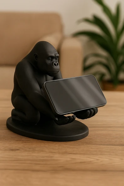 PAMUK'S DESİGN 3D Siyah Goril Figürlü Dekoratif Telefon, Tablet Standı, Kalem Tutucu Heykel, Masaüstü Organizer - Resim 3