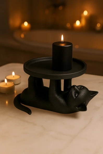 PAMUK'S DESİGN Siyah Kedi Figürlü Sunumluk Banyo Sabunluk, Kahvaltı Tabağı, Takı Organizeri, Mumluk 14 x 14 cm - Resim 5