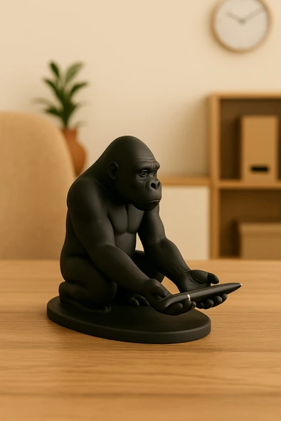 PAMUK'S DESİGN 3D Siyah Goril Figürlü Dekoratif Telefon, Tablet Standı, Kalem Tutucu Heykel, Masaüstü Organizer - Resim 5