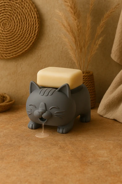 PAMUK'S DESİGN Dekoratif Kedi Figürlü Sabunluk & Süngerlik Şık ve Sevimli Banyo, Mutfak Aksesuarı Çok Amaçlı - Resim 2