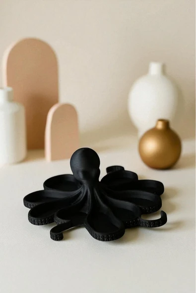 PAMUK'S DESİGN Siyah Ahtapot Figürlü Sunumluk Banyo Sabunluk, Kahvaltı Tabağı, Takı Organizeri, Mumluk 14 x 14 cm - Resim 5