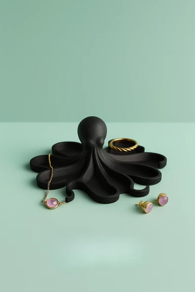 PAMUK'S DESİGN Siyah Ahtapot Figürlü Sunumluk Banyo Sabunluk, Kahvaltı Tabağı, Takı Organizeri, Mumluk 14 x 14 cm ürün görseli