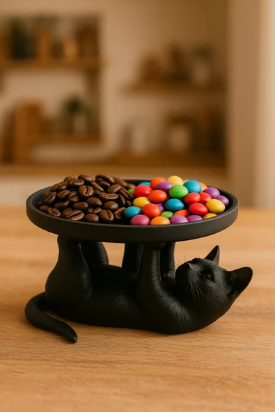 PAMUK'S DESİGN Siyah Kedi Figürlü Sunumluk Banyo Sabunluk, Kahvaltı Tabağı, Takı Organizeri, Mumluk 14 x 14 cm ürün görseli