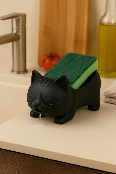 PAMUK'S DESİGN Dekoratif Kedi Figürlü Sabunluk & Süngerlik Şık ve Sevimli Banyo, Mutfak Aksesuarı Çok Amaçlı - Resim 5