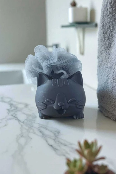 PAMUK'S DESİGN Dekoratif Kedi Figürlü Sabunluk & Süngerlik Şık ve Sevimli Banyo, Mutfak Aksesuarı Çok Amaçlı - Resim 4