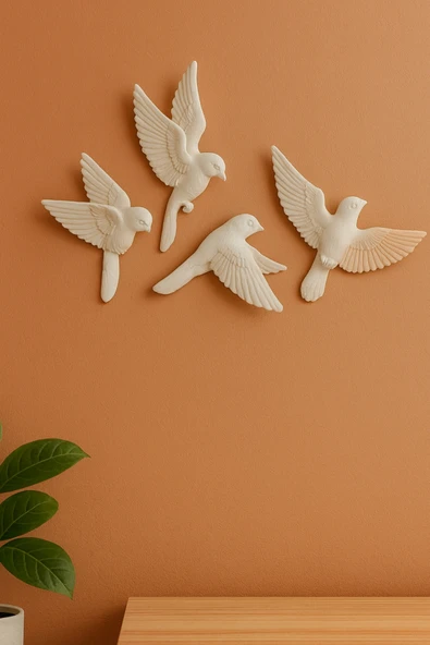 PAMUK'S DESİGN 4’lü 3D Kuş Duvar Dekoru Dekoratif Reçine Dekor Modern, Bohem Duvar Dekoru Ev, Ofis Süsleme - Resim 2